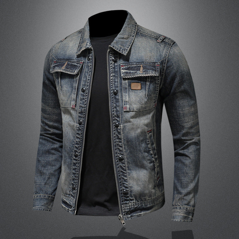 Men's Vintage Denim Jacket - Retro Zip-Up Casual Motorcycle Jacket