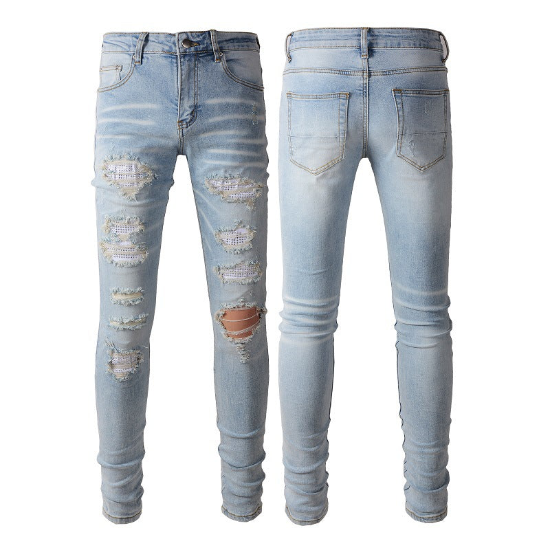 Men's Ripped Rhinestone Slim Fit Jeans | Light Blue Stretch Denim Pants