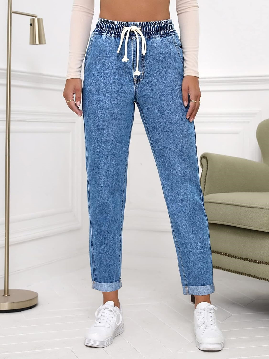 Women's Elastic Waist Cropped Denim Jeans - Casual Tapered Leg Drawstring Pants