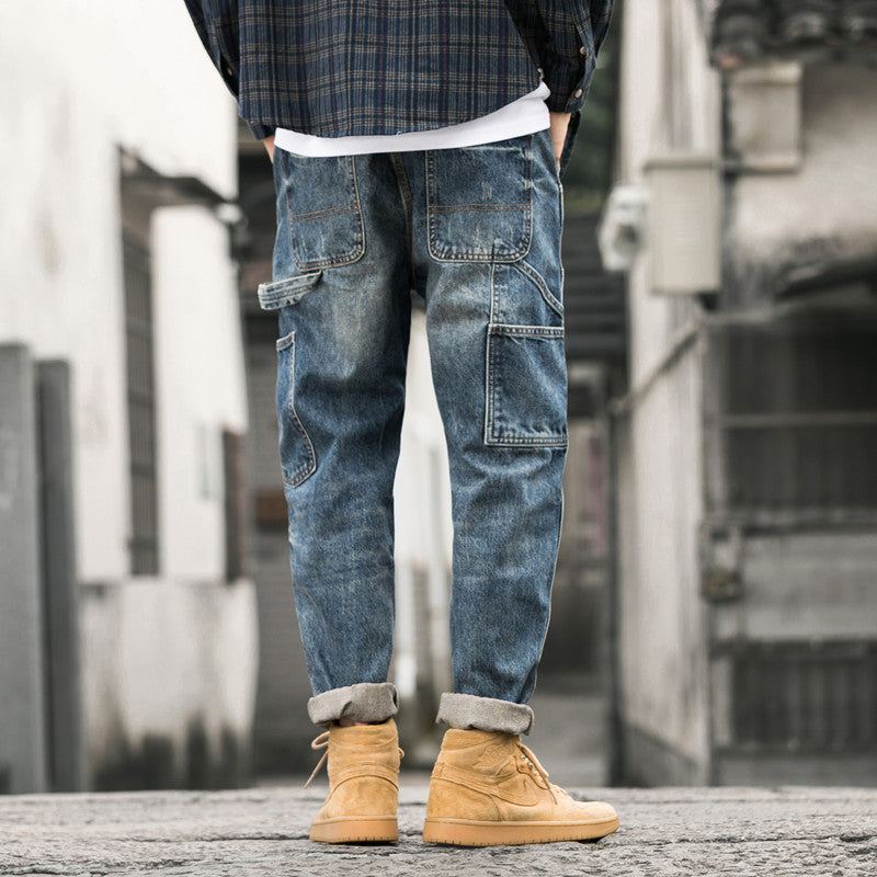 Men's Patchwork Cargo Jeans - Loose Fit Multi Pocket Straight Leg Denim Pants