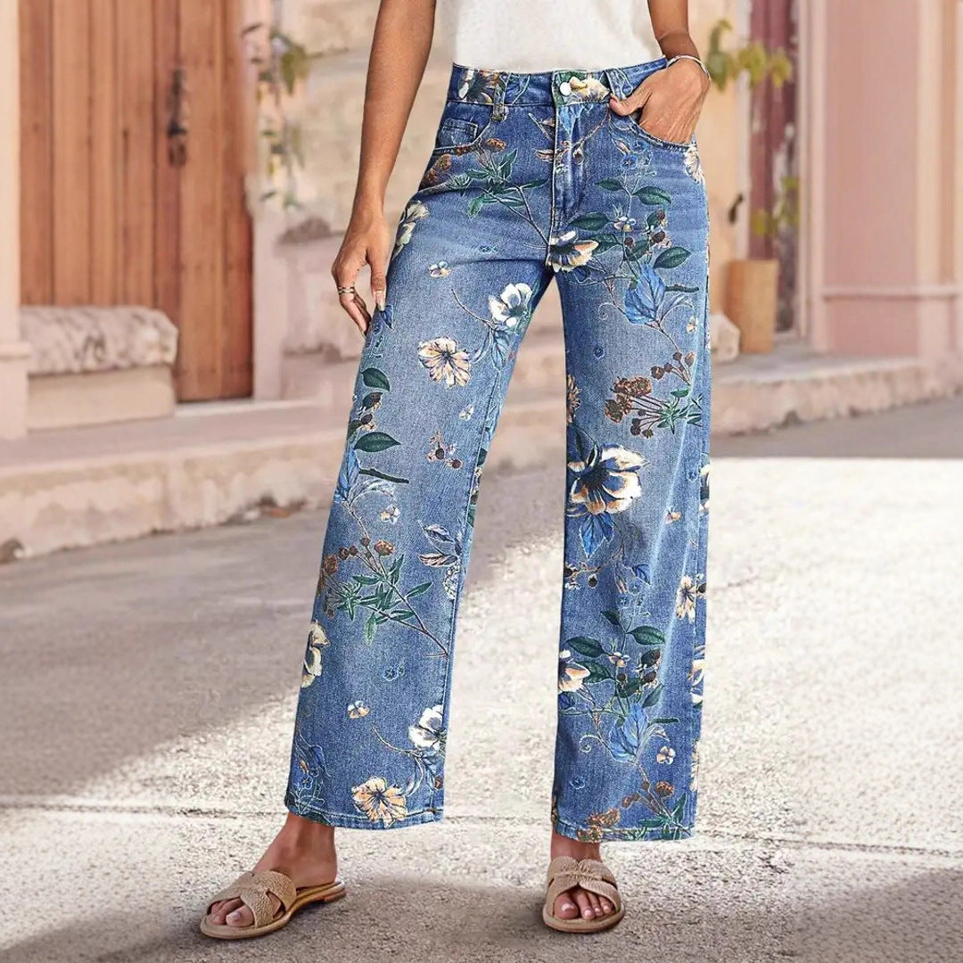 Women's Floral Print High Waist Wide Leg Jeans - Casual Straight Leg Denim Pants