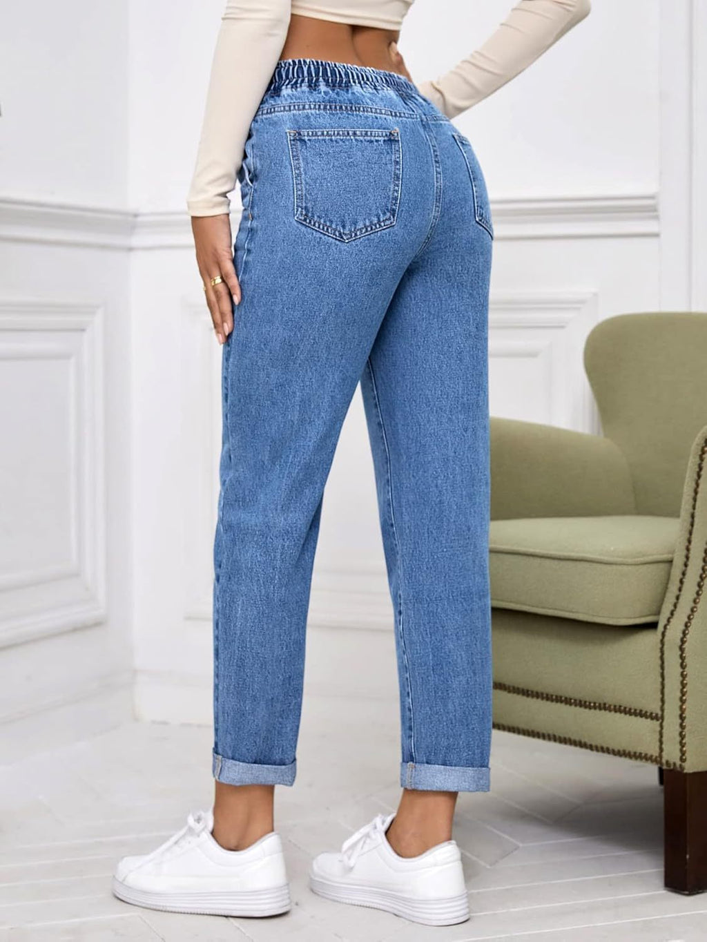 Women's Elastic Waist Cropped Denim Jeans - Casual Tapered Leg Drawstring Pants