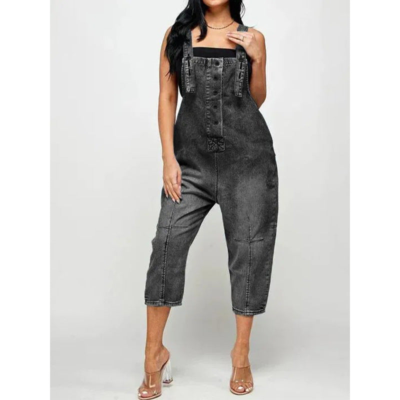 Women's Denim Overall Jumpsuit - High Waist Wide Leg Suspender Jeans