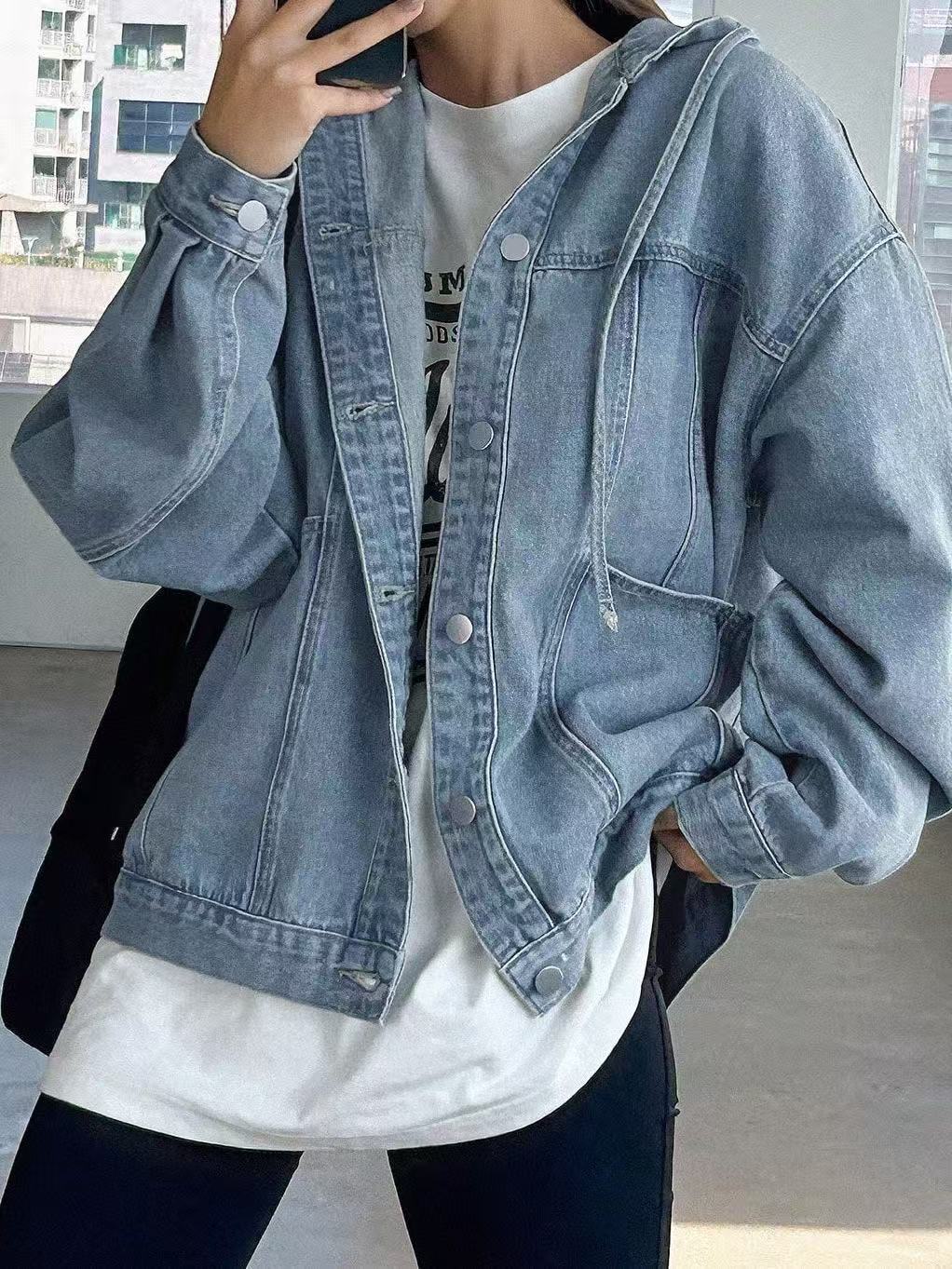 Women's Retro Hooded Denim Jacket - Casual Thick Denim Coat