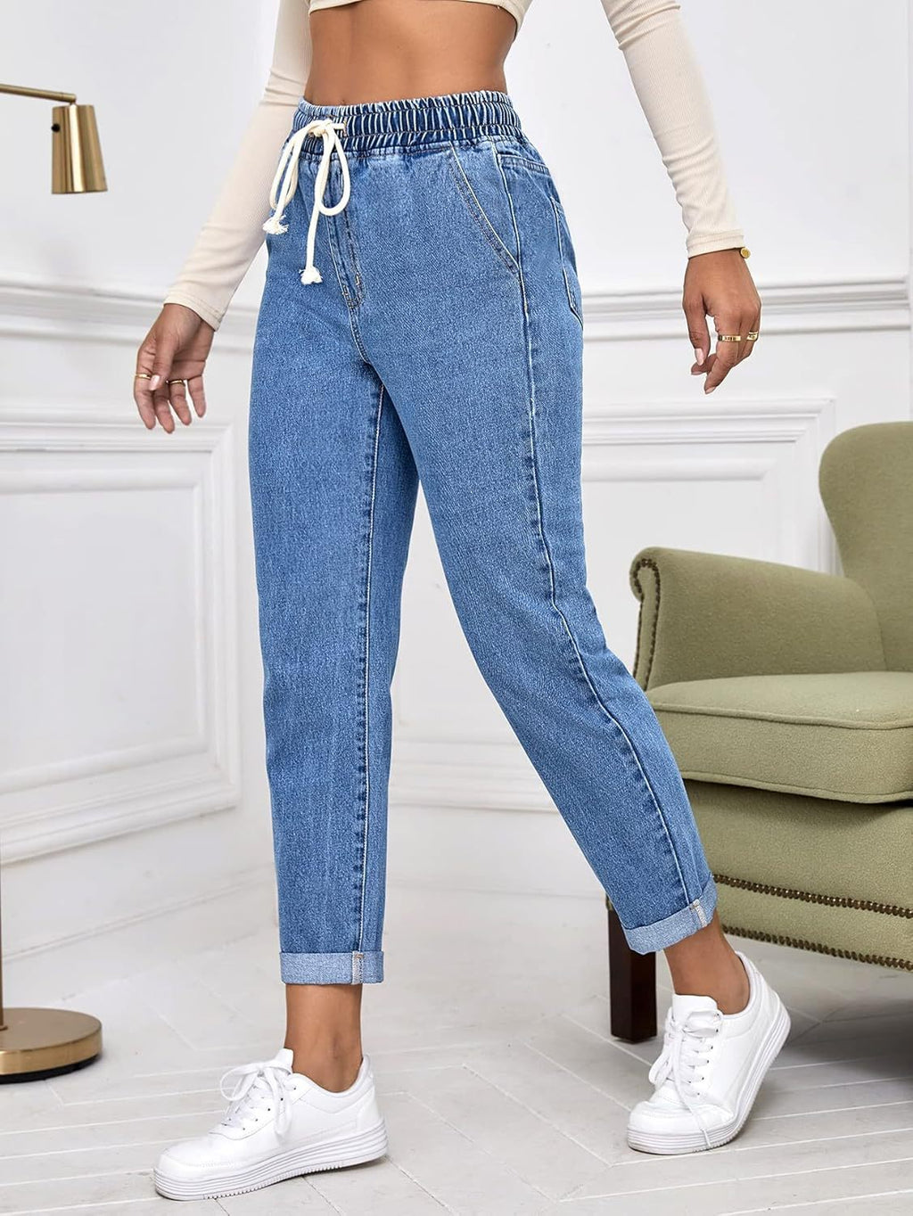Women's Elastic Waist Cropped Denim Jeans - Casual Tapered Leg Drawstring Pants
