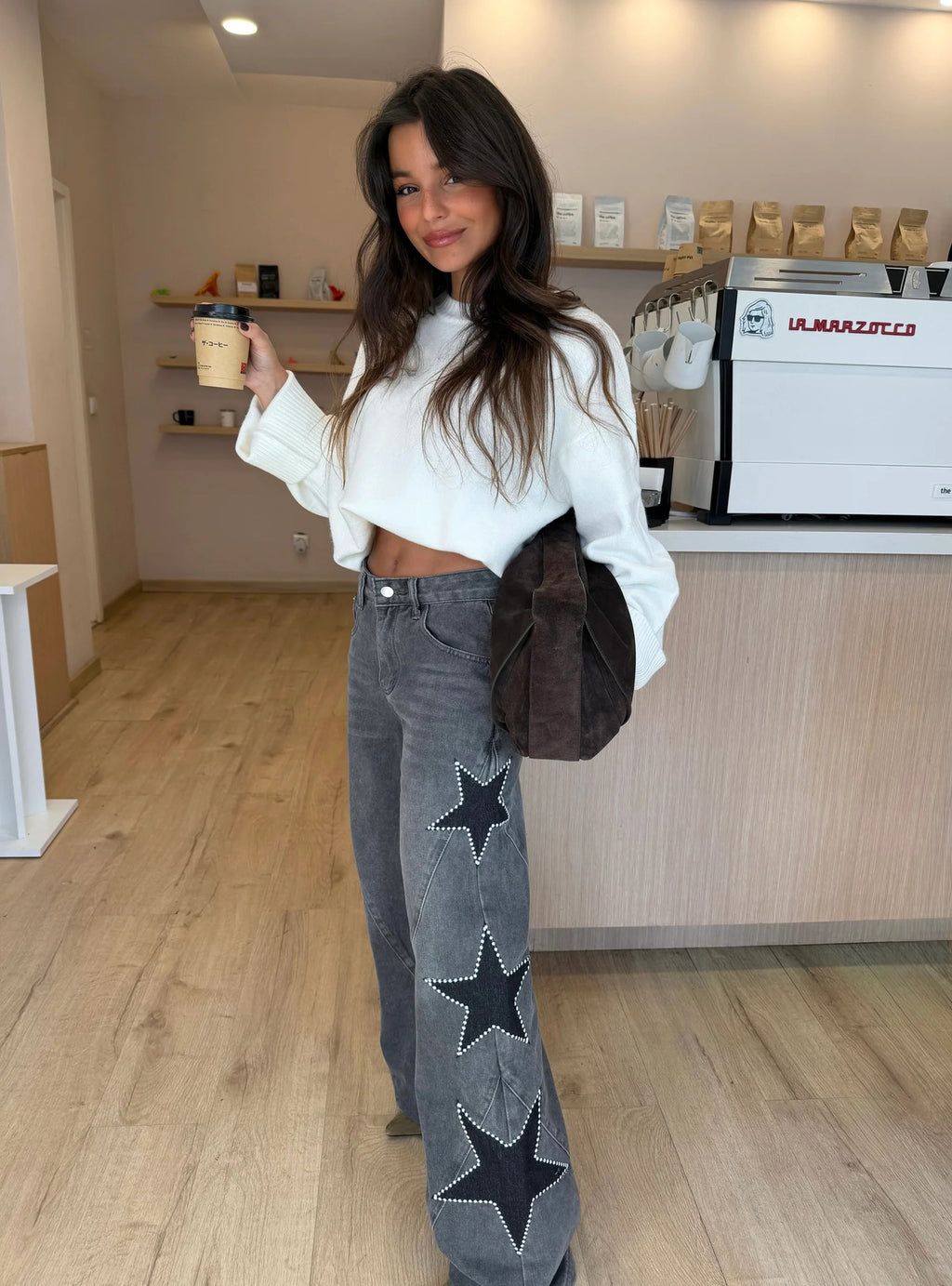 Women's Star Print High Waist Straight Leg Jeans - Loose Fit Denim Pants