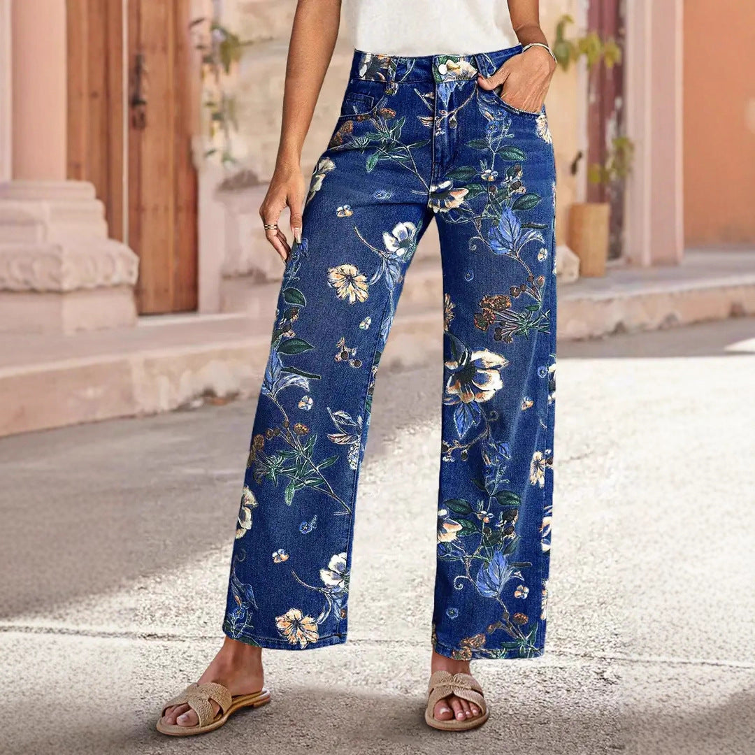 Women's Floral Print High Waist Wide Leg Jeans - Casual Straight Leg Denim Pants