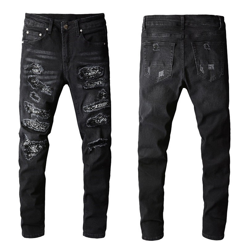 Men's Distressed Slim Fit Jeans - Black Stretch Patchwork Denim Pants