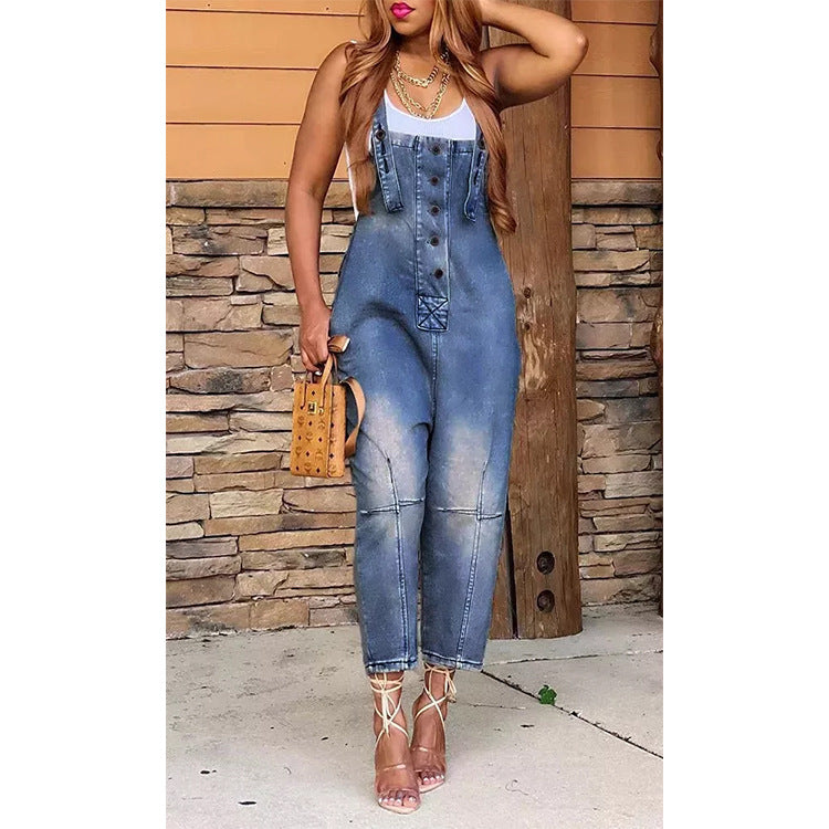 Women's Denim Overall Jumpsuit - High Waist Wide Leg Suspender Jeans