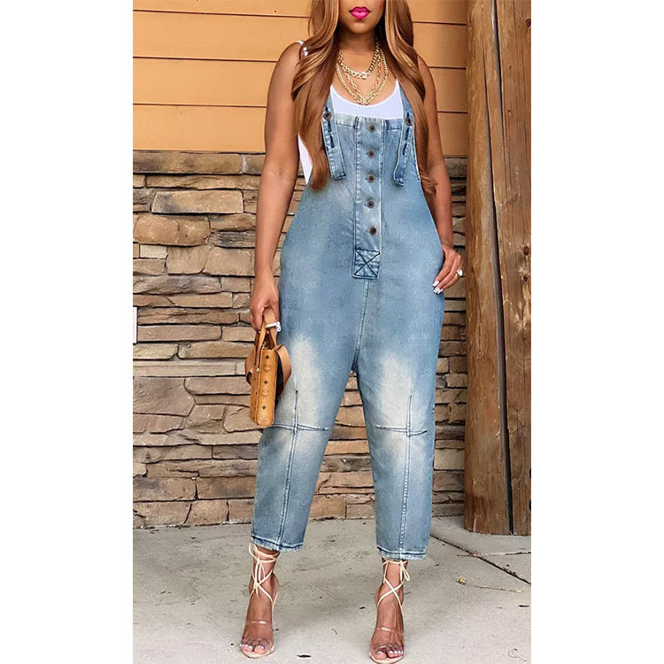 Women's Denim Overall Jumpsuit - High Waist Wide Leg Suspender Jeans