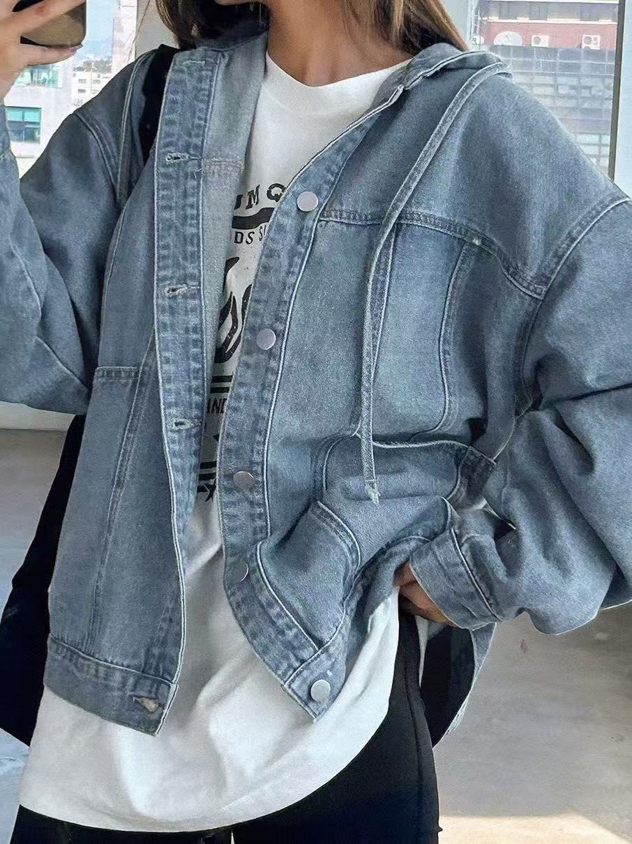 Women's Retro Hooded Denim Jacket - Casual Thick Denim Coat