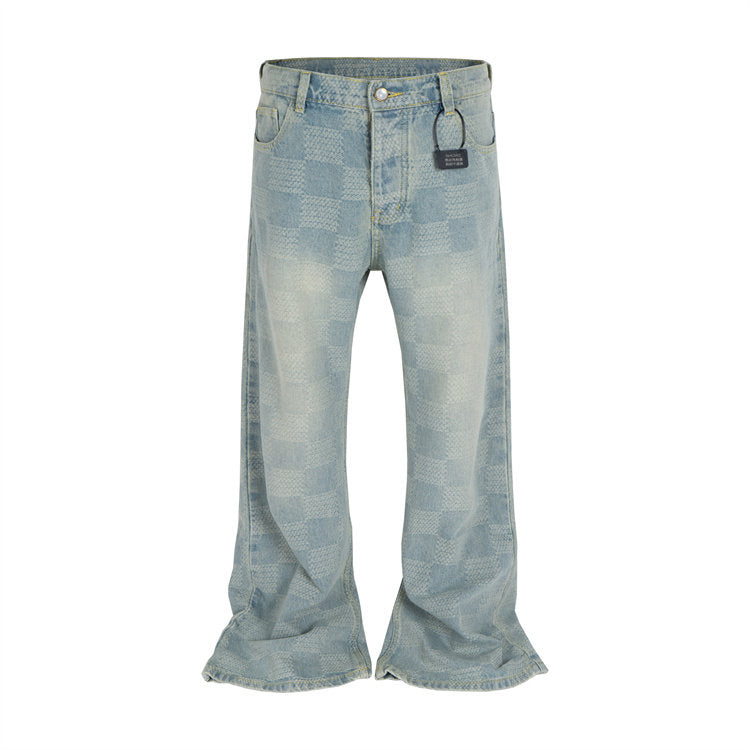 Men's Checkerboard Wide Leg Jeans - Vintage Washed Baggy Denim Pants
