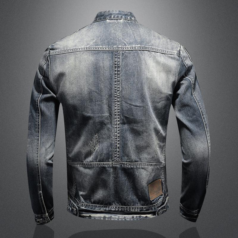 Men's Stand Collar Denim Jacket - Casual Zip-Up Cotton Denim Jacket
