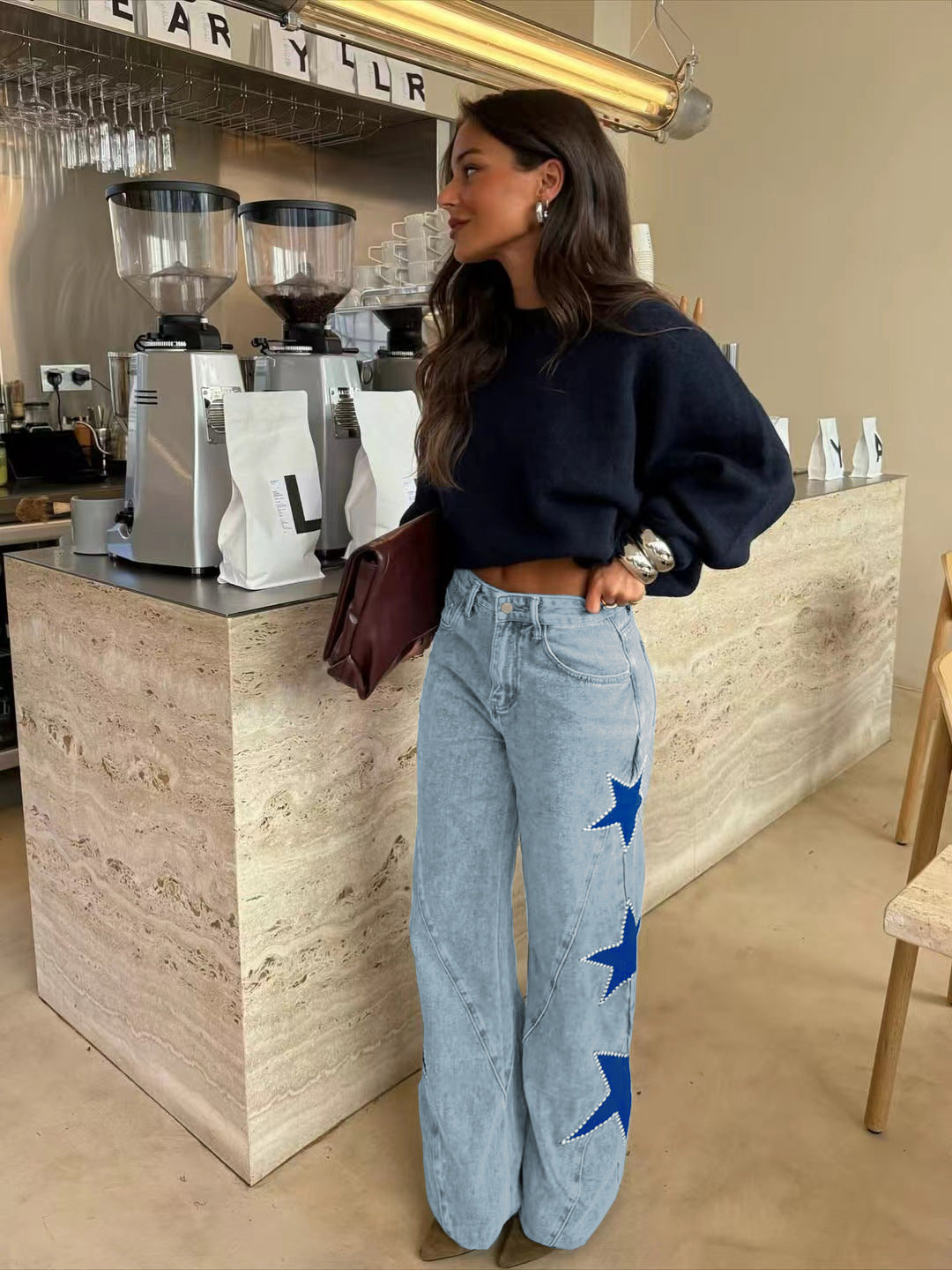 Women's Star Print High Waist Straight Leg Jeans - Loose Fit Denim Pants