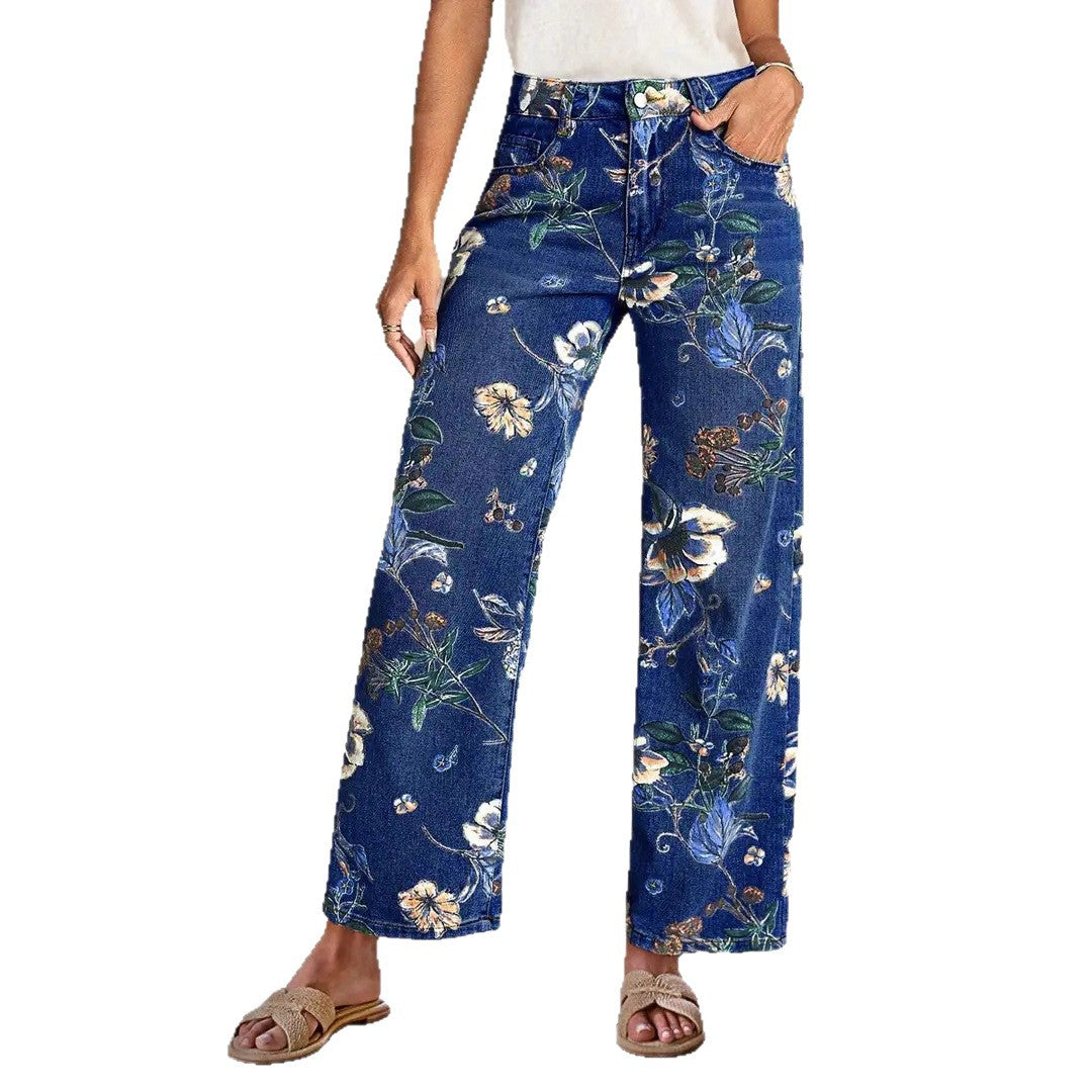 Women's Floral Print High Waist Wide Leg Jeans - Casual Straight Leg Denim Pants