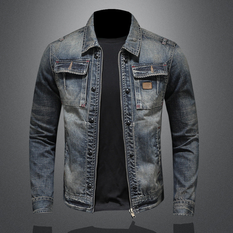 Men's Vintage Denim Jacket - Retro Zip-Up Casual Motorcycle Jacket