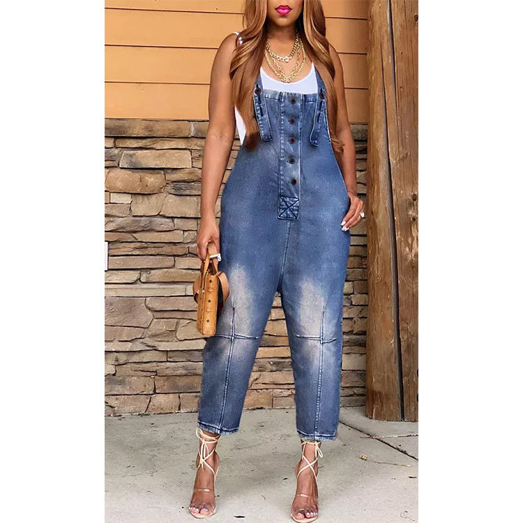 Women's Denim Overall Jumpsuit - High Waist Wide Leg Suspender Jeans