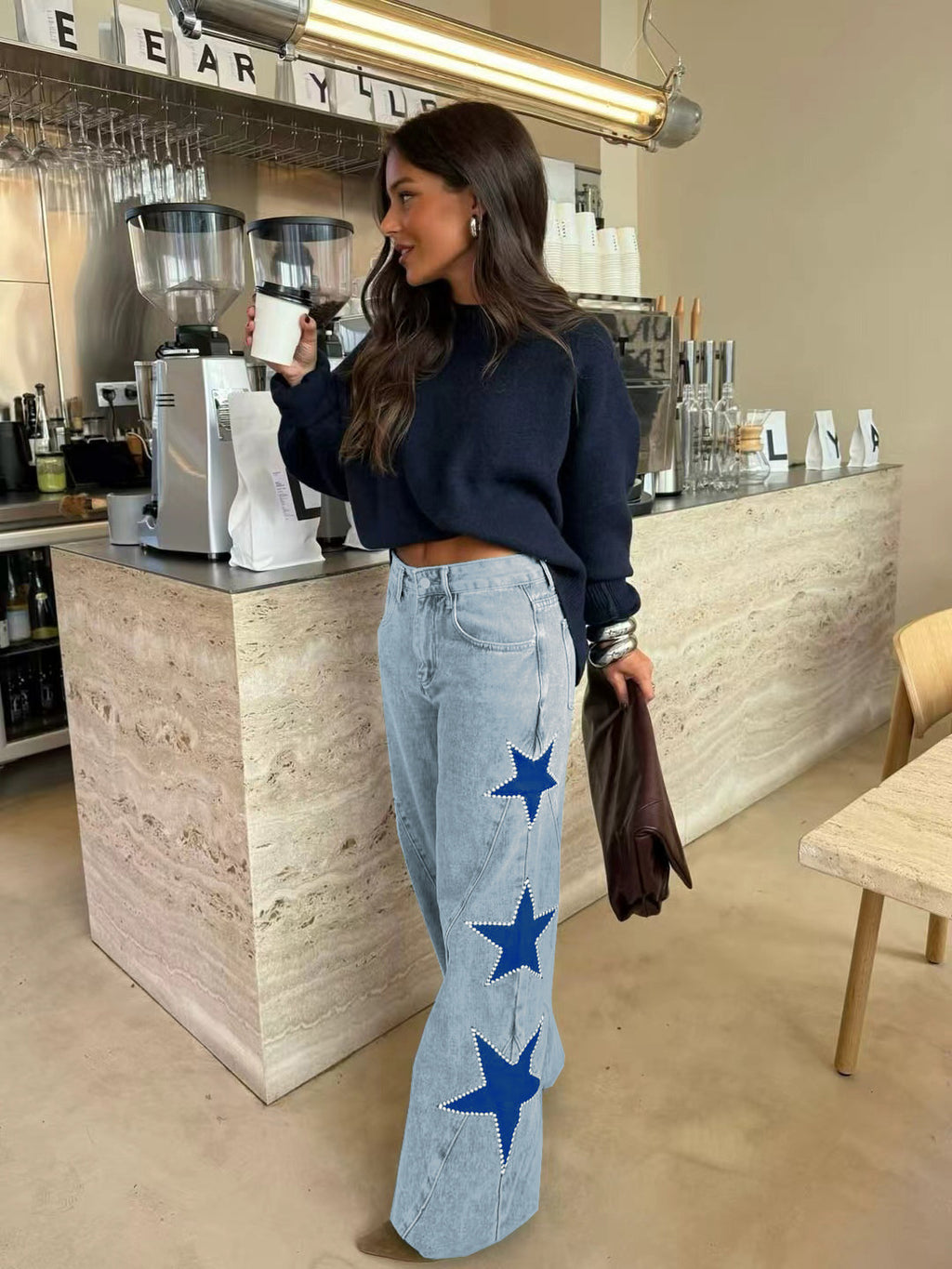Women's Star Print High Waist Straight Leg Jeans - Loose Fit Denim Pants