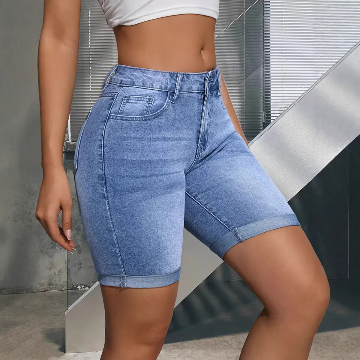 Women's Stretch Denim Shorts - Low Waist Light Blue Skinny Jean Shorts