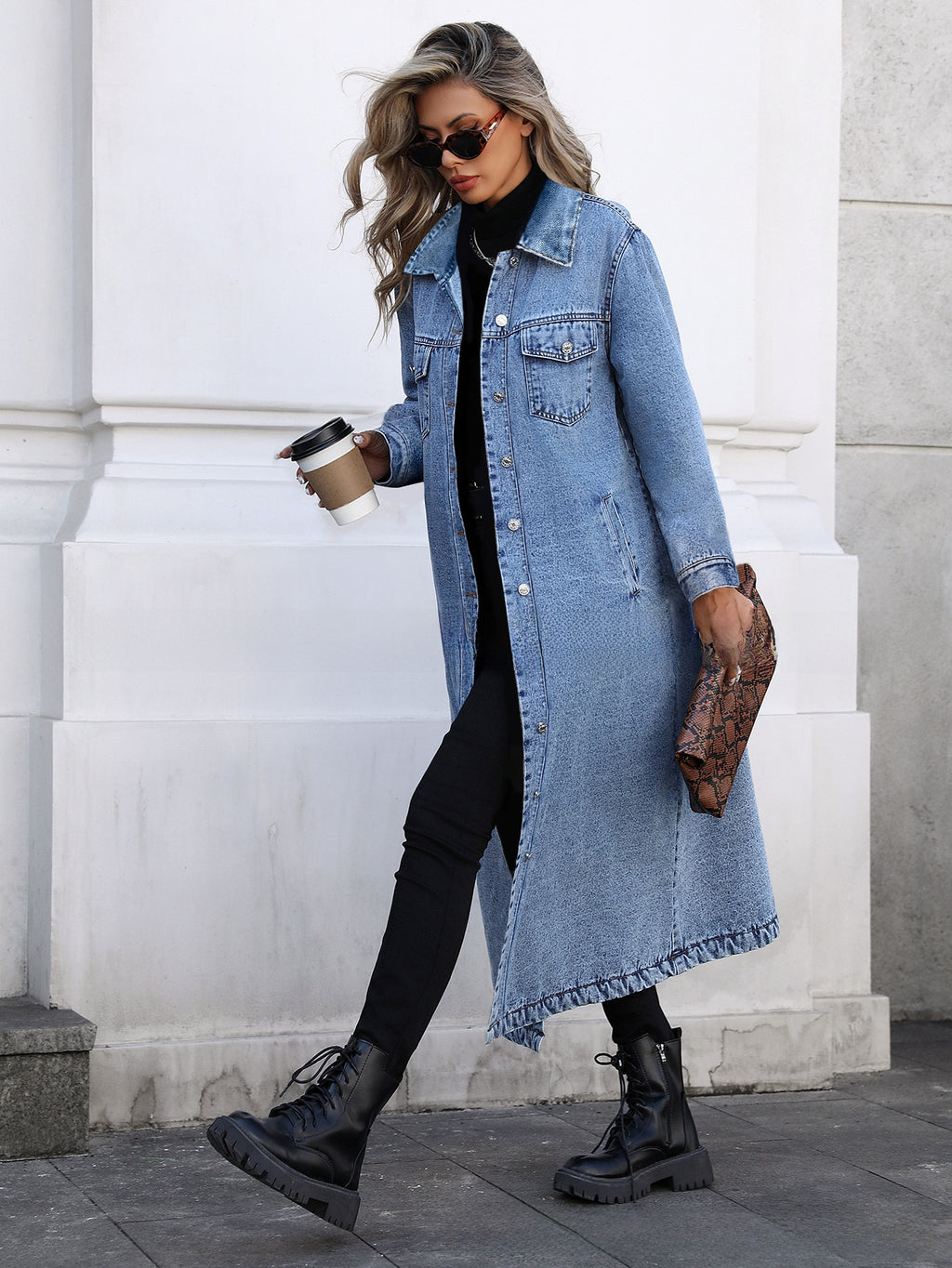 Women's Long Denim Jacket - Casual Loose Fit Denim Trench Coat