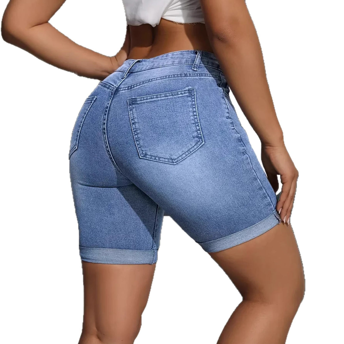 Women's Stretch Denim Shorts - Low Waist Light Blue Skinny Jean Shorts