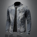 Men's Stand Collar Denim Jacket - Casual Zip-Up Cotton Denim Jacket