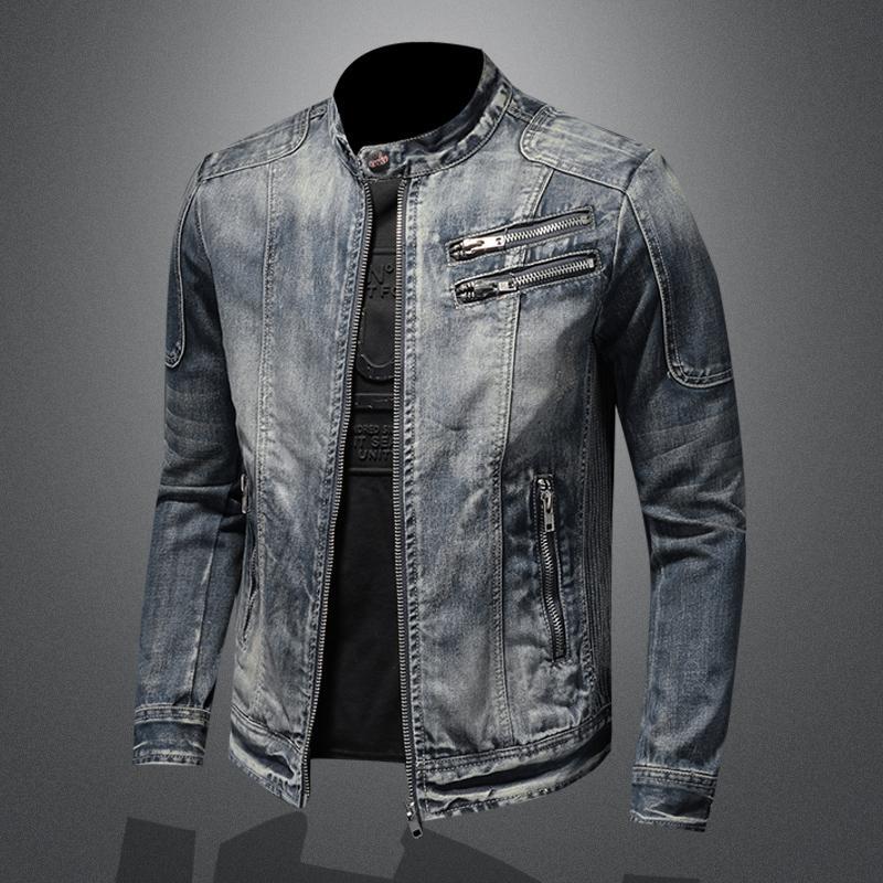 Men's Stand Collar Denim Jacket - Casual Zip-Up Cotton Denim Jacket