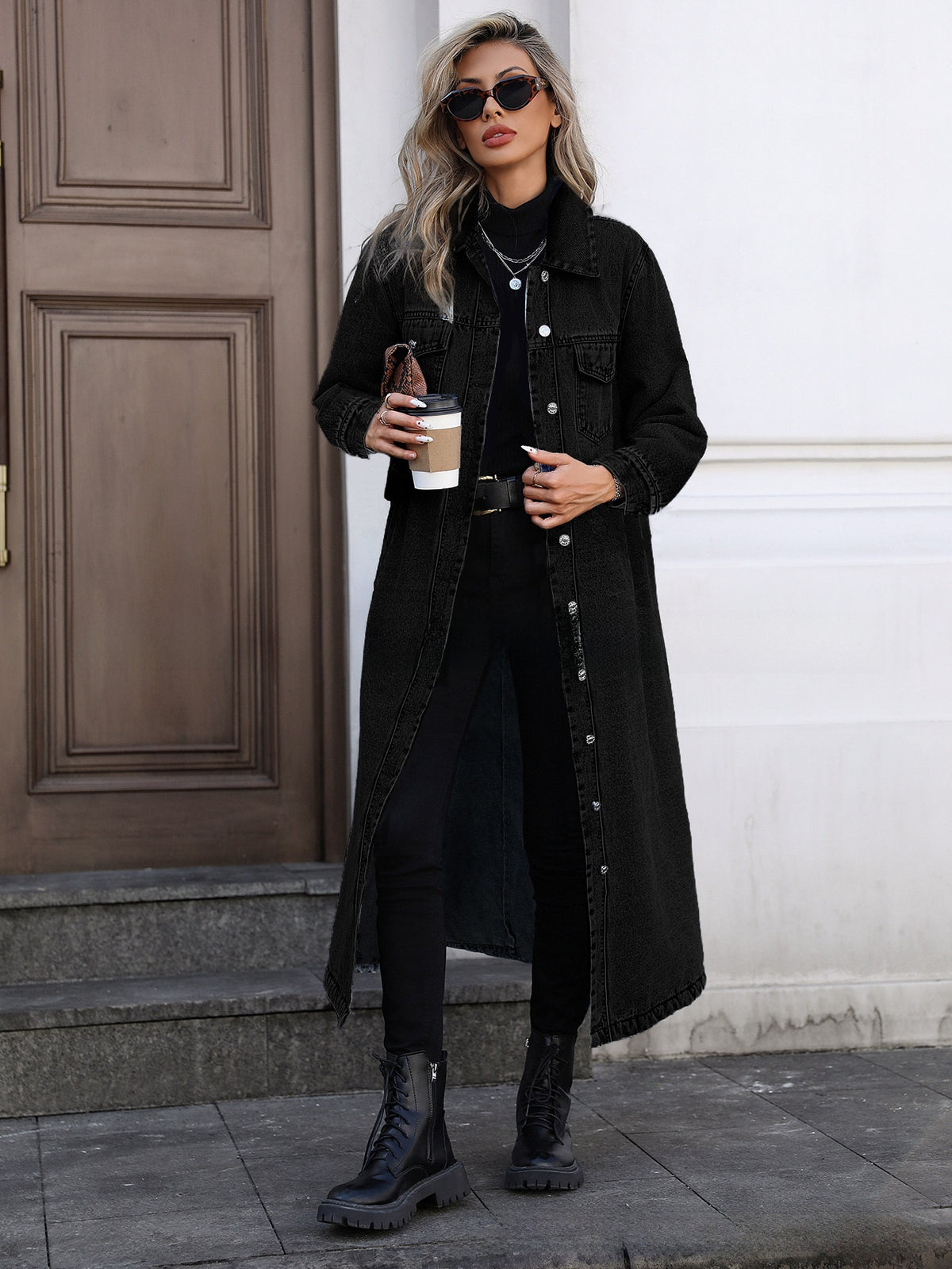 Women's Long Denim Jacket - Casual Loose Fit Denim Trench Coat