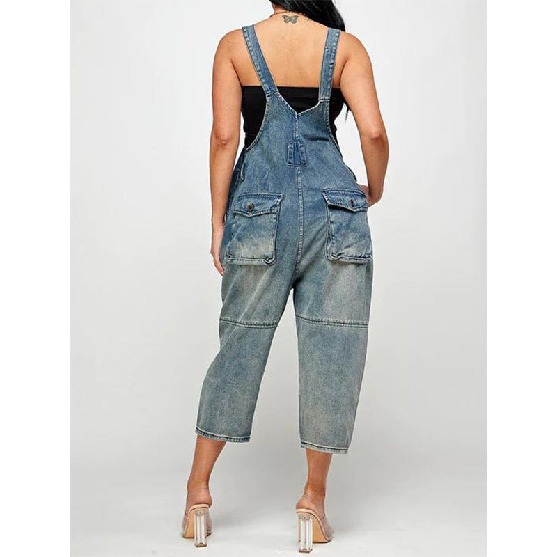Women's Denim Overall Jumpsuit - High Waist Wide Leg Suspender Jeans