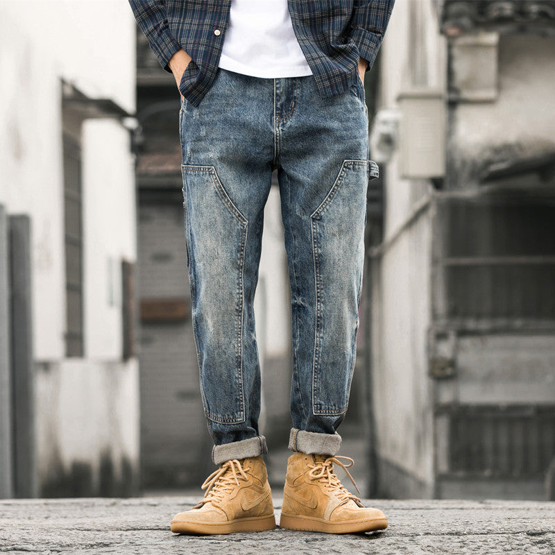 Men's Patchwork Cargo Jeans - Loose Fit Multi Pocket Straight Leg Denim Pants