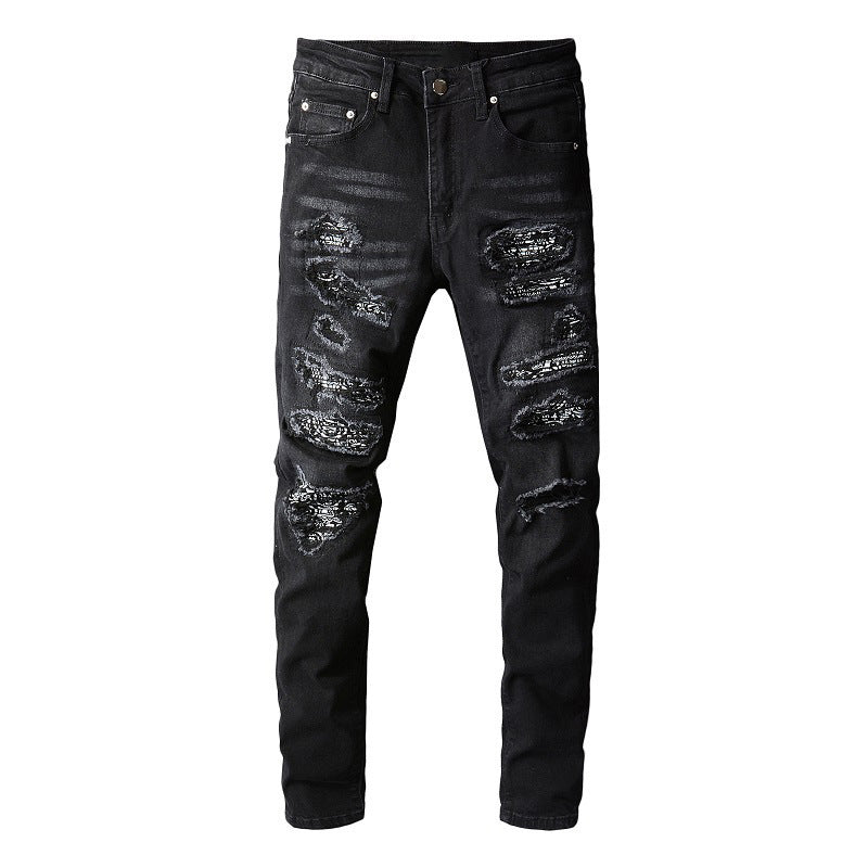 Men's Distressed Slim Fit Jeans - Black Stretch Patchwork Denim Pants
