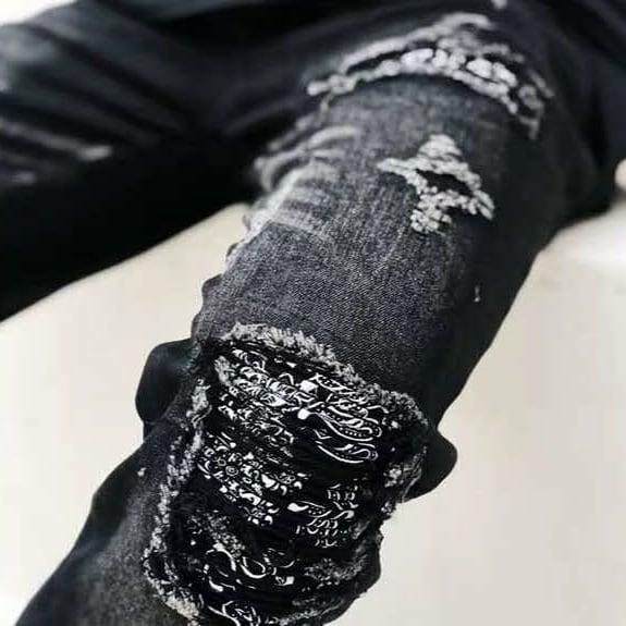 Men's Distressed Slim Fit Jeans - Black Stretch Patchwork Denim Pants