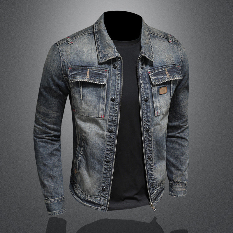 Men's Vintage Denim Jacket - Retro Zip-Up Casual Motorcycle Jacket