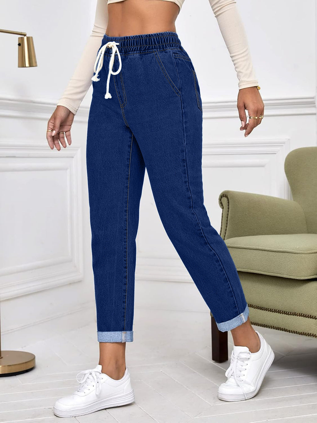 Women's Elastic Waist Cropped Denim Jeans - Casual Tapered Leg Drawstring Pants