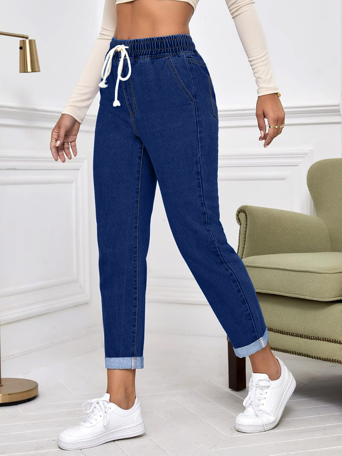 Women's Elastic Waist Cropped Denim Jeans - Casual Tapered Leg Drawstring Pants