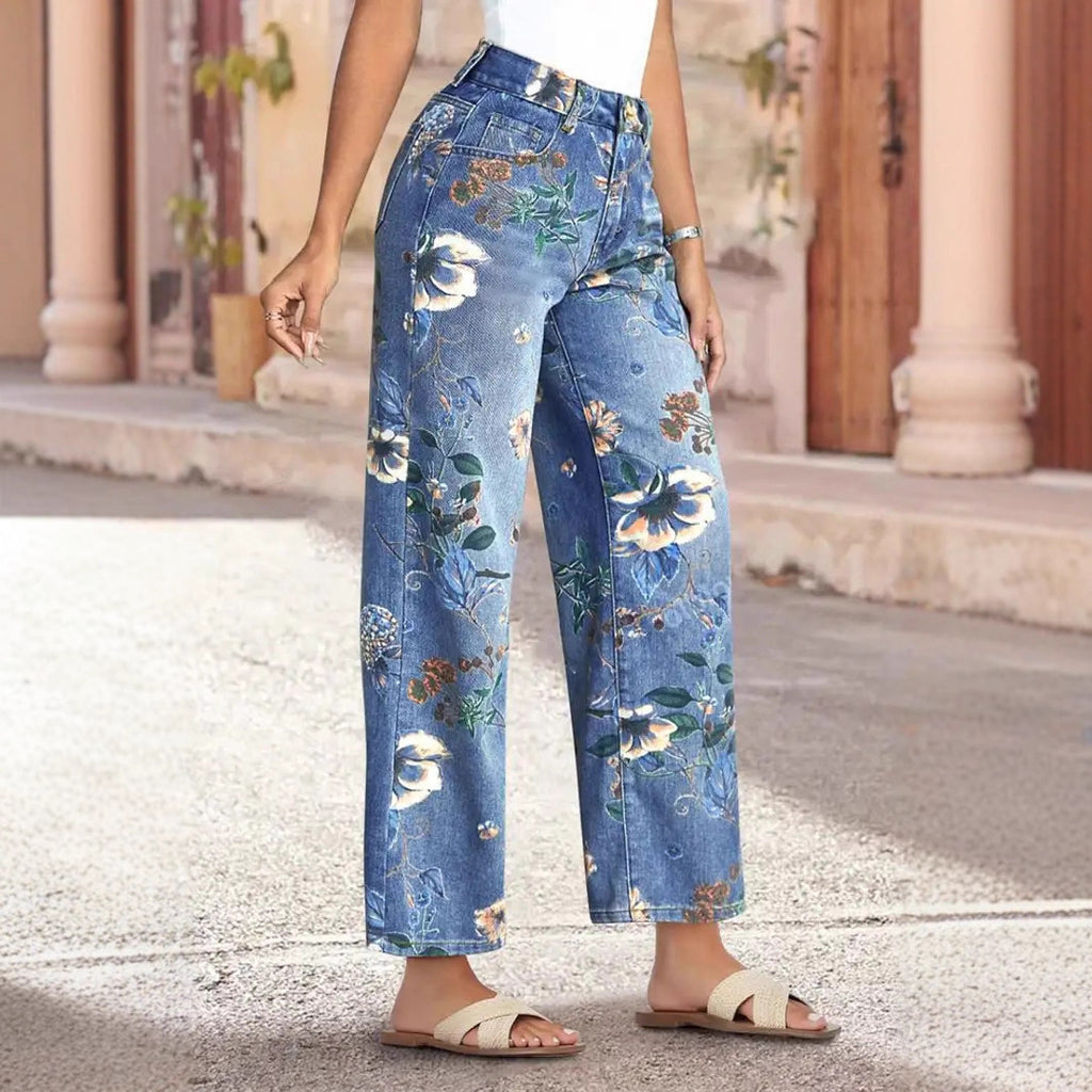 Women's Floral Print High Waist Wide Leg Jeans - Casual Straight Leg Denim Pants