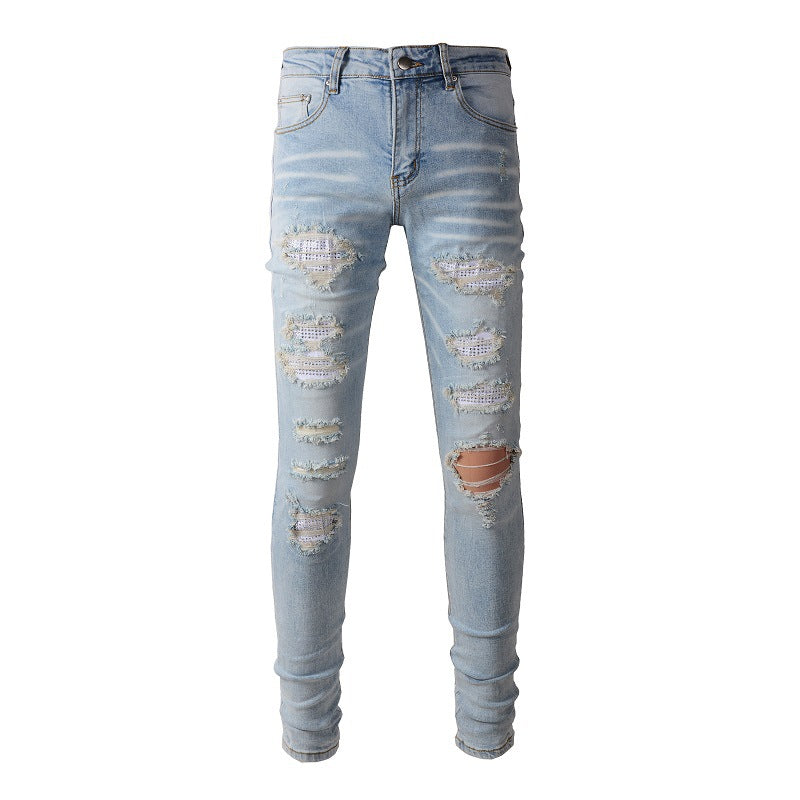 Men's Ripped Rhinestone Slim Fit Jeans | Light Blue Stretch Denim Pants