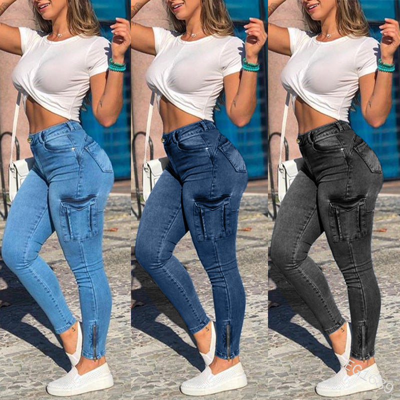 Women's Stretch Skinny Jeans - Mid Waist Denim Leggings with Side Zip