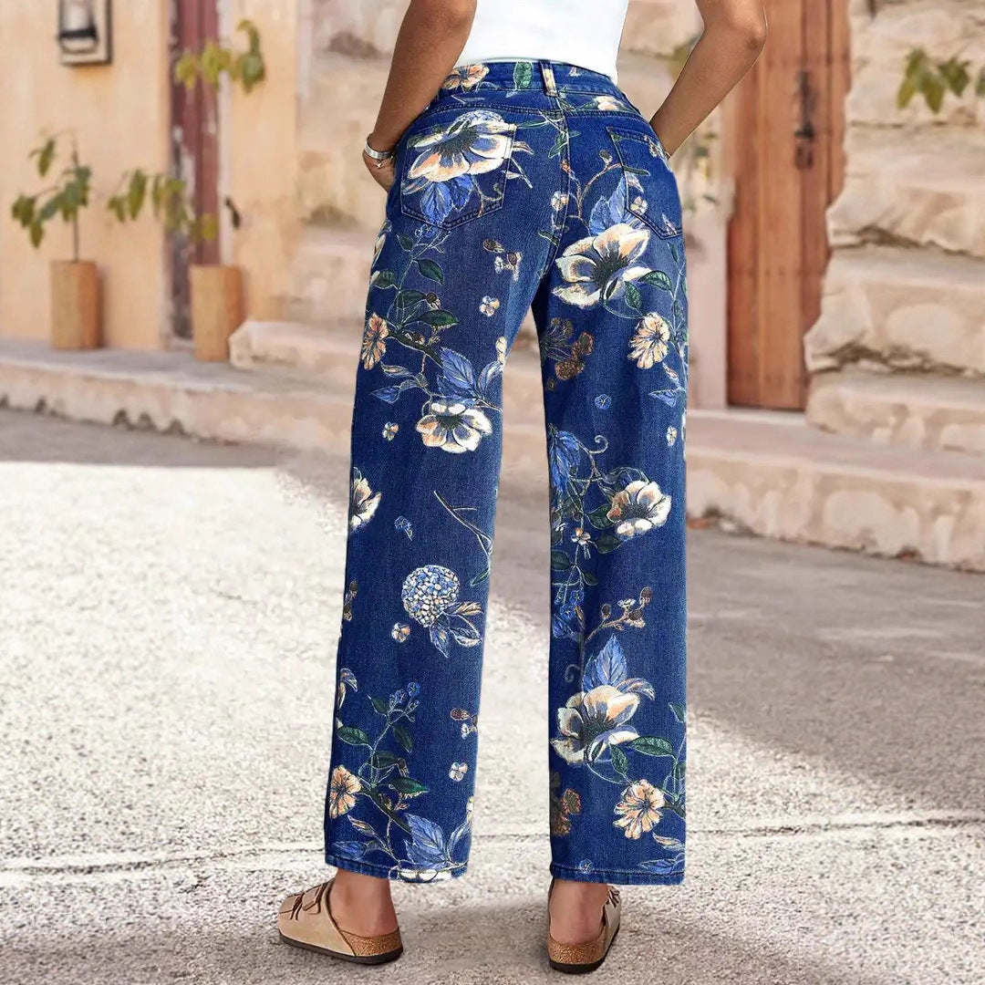 Women's Floral Print High Waist Wide Leg Jeans - Casual Straight Leg Denim Pants