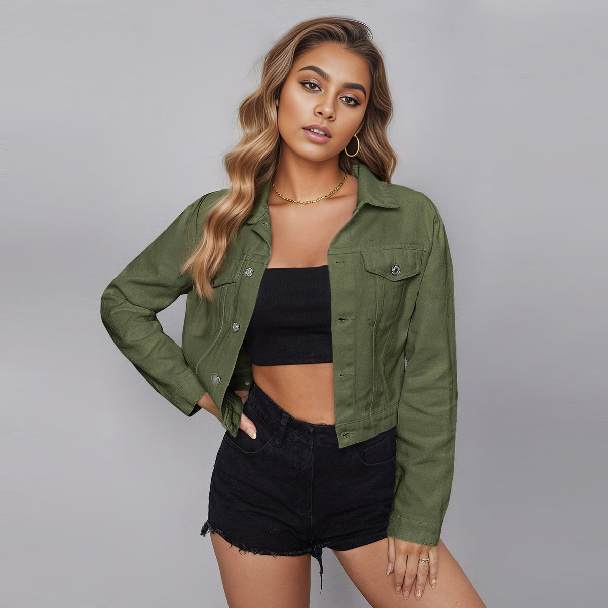 Women's Cropped Denim Jacket - Casual Cotton Button-Up Short Jacket