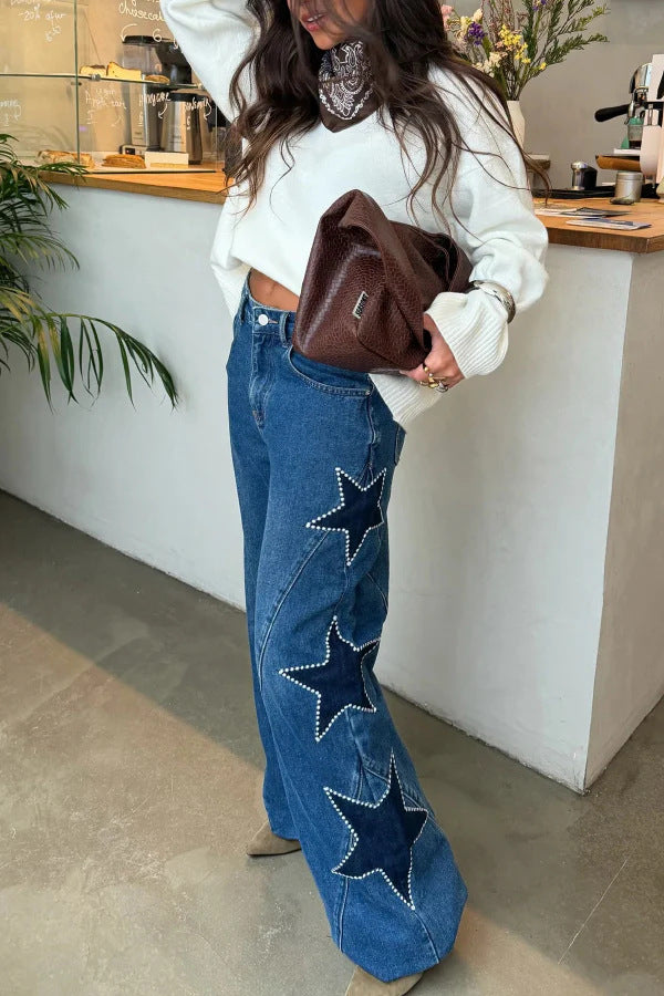 Women's Star Print High Waist Straight Leg Jeans - Loose Fit Denim Pants