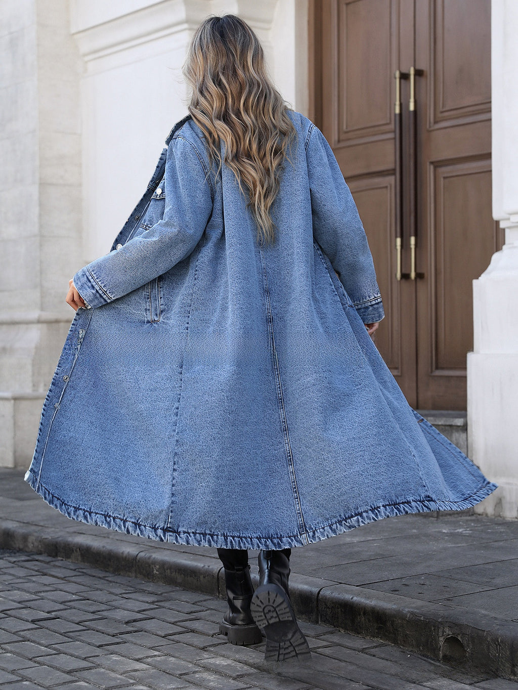 Women's Long Denim Jacket - Casual Loose Fit Denim Trench Coat