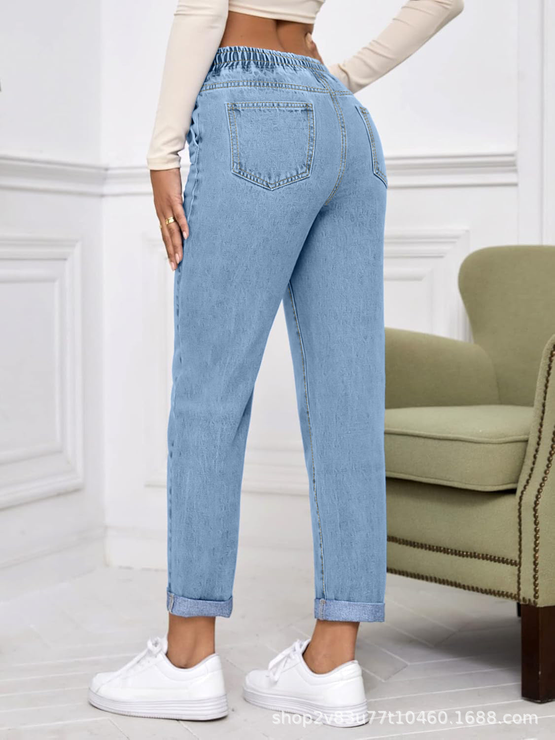 Women's Elastic Waist Cropped Denim Jeans - Casual Tapered Leg Drawstring Pants