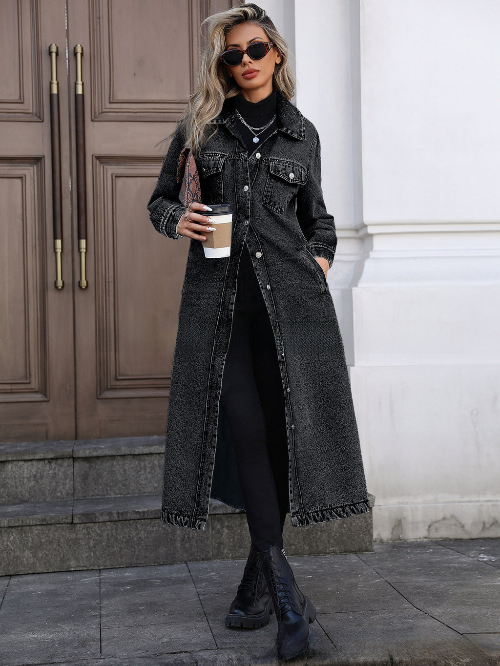 Women's Long Denim Jacket - Casual Loose Fit Denim Trench Coat