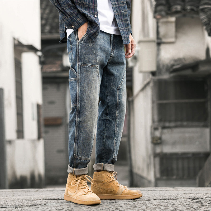 Men's Patchwork Cargo Jeans - Loose Fit Multi Pocket Straight Leg Denim Pants