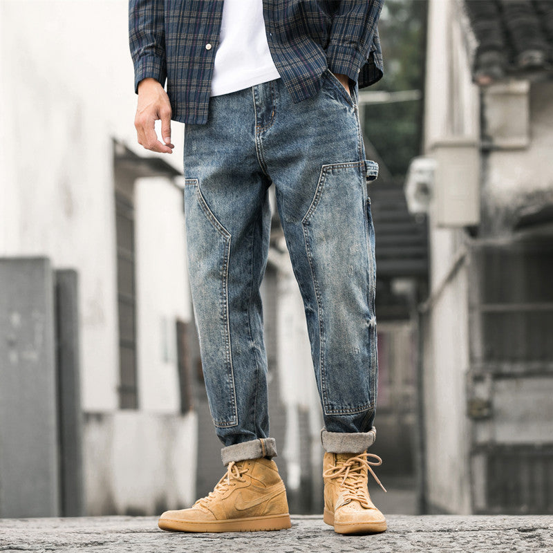 Men's Patchwork Cargo Jeans - Loose Fit Multi Pocket Straight Leg Denim Pants