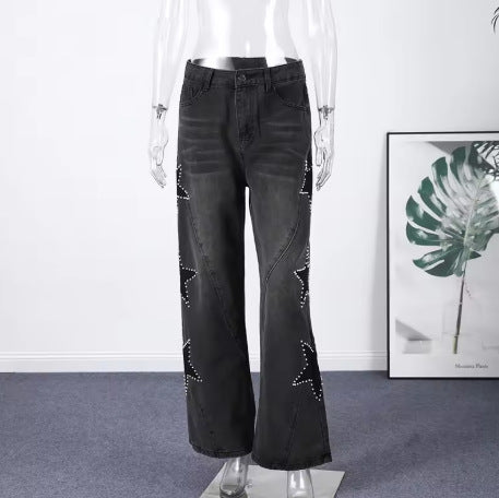 Women's Star Print High Waist Straight Leg Jeans - Loose Fit Denim Pants