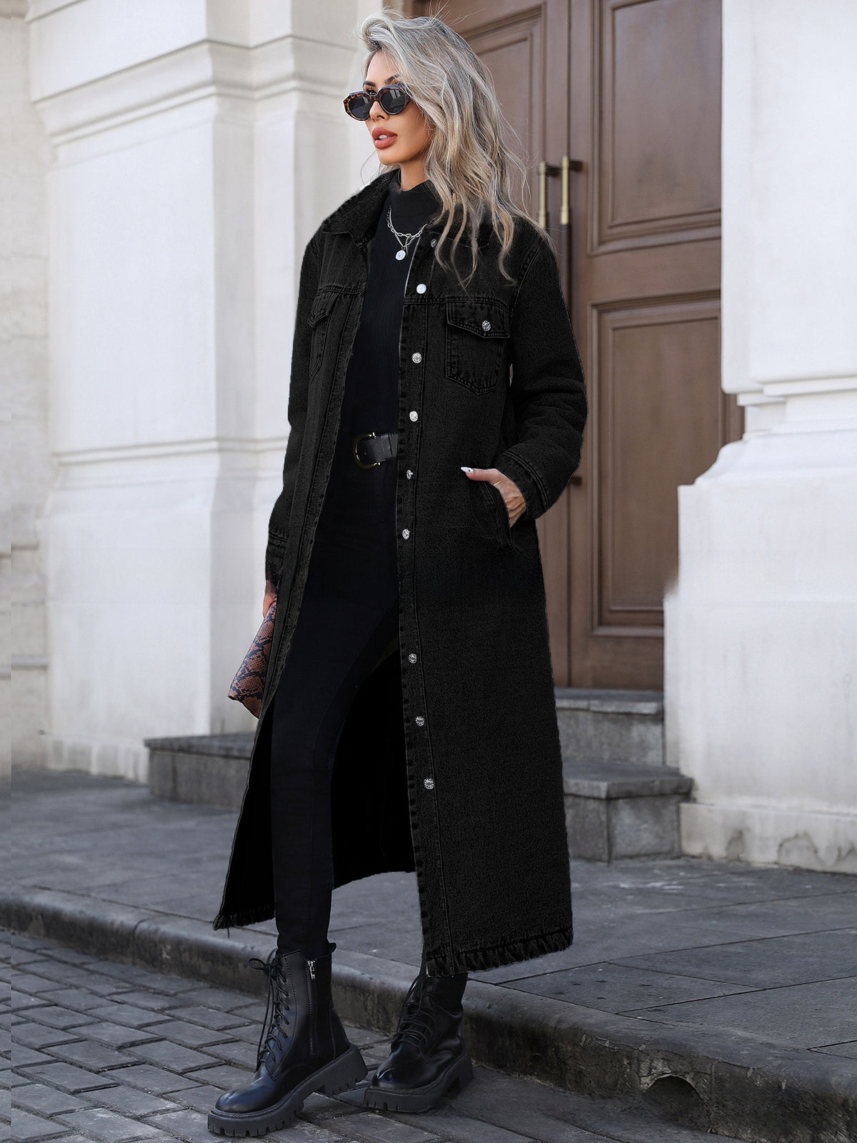 Women's Long Denim Jacket - Casual Loose Fit Denim Trench Coat