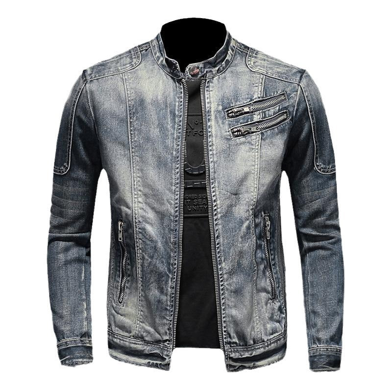 Men's Stand Collar Denim Jacket - Casual Zip-Up Cotton Denim Jacket
