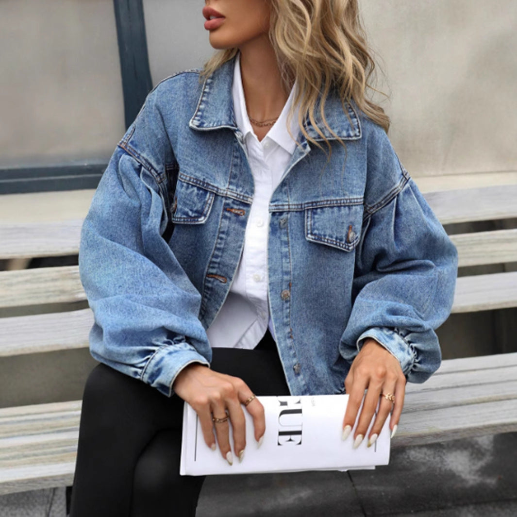 Women's Loose Fit Denim Jacket - Cropped Cotton Button-Up Jean Jacket